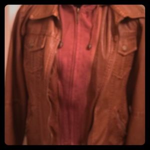 Faux leather and knit hoodie